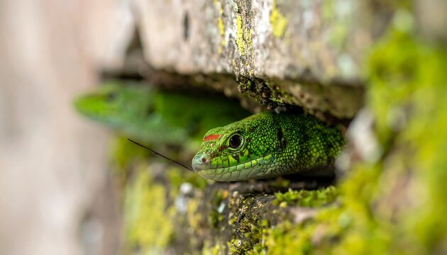 Two vibrant green lizards peek out from a weathered stone crevice, surrounded by moss and lichen. The eye level shot creates a close-up view