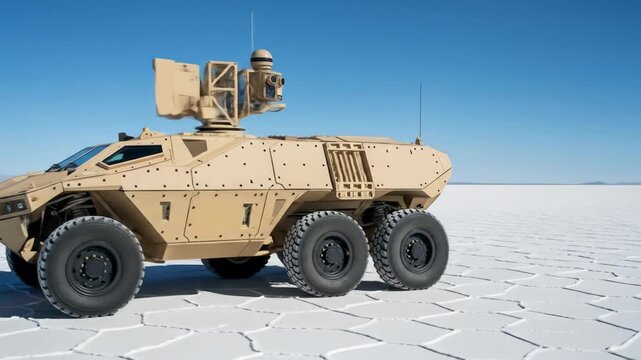 Armored Military Vehicle on Vast Salt Flat Under Clear Blue Sky
