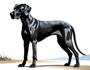 Black dog, elegant stance, beach scene