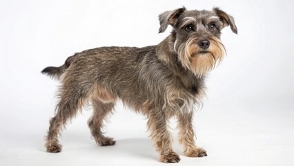 Mauzer dog with small to medium build, wiry coat, and expressive eyes, standing on a clean white studio background, realistic Maltese Schnauzer mix portrait, sharp focus, professional lighting