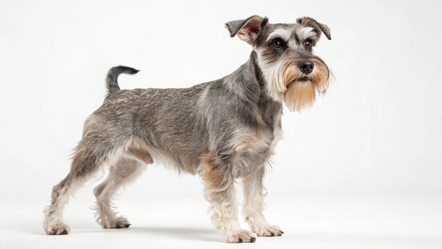 Mauzer dog with small to medium build, wiry coat, and expressive eyes, standing on a clean white studio background, realistic Maltese Schnauzer mix portrait, sharp focus, professional lighting
