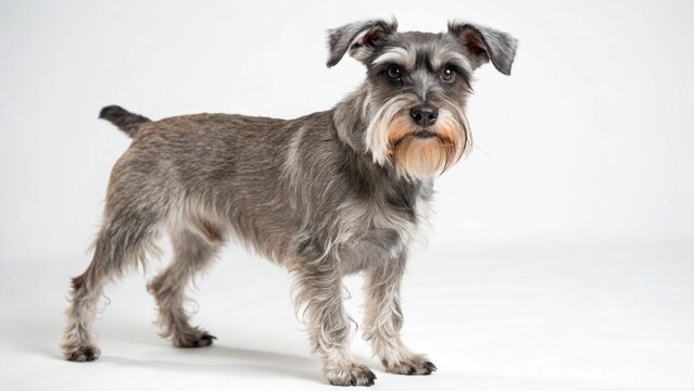 Mauzer dog with small to medium build, wiry coat, and expressive eyes, standing on a clean white studio background, realistic Maltese Schnauzer mix portrait, sharp focus, professional lighting