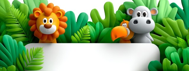 Naklejka premium A cartoon of a lion, a giraffe and a hippo are standing in a jungle