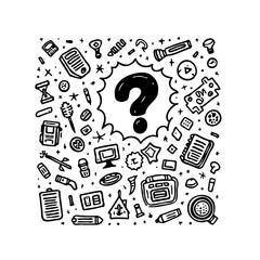 Doodle illustration featuring a question mark surrounded by various objects depicting uncertainty