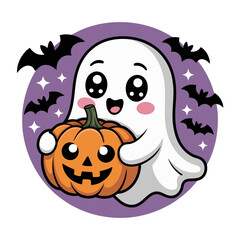 Cute ghost holding a carved pumpkin with bats and stars halloween spooky