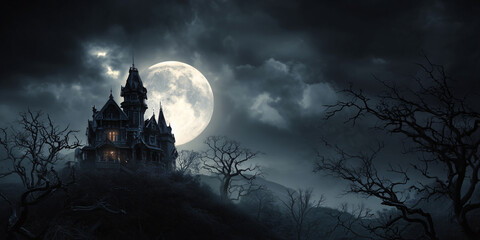 The moon and the castle on the terrifying Halloween night