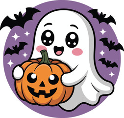 Cute ghost holding a carved pumpkin with bats and stars halloween spooky