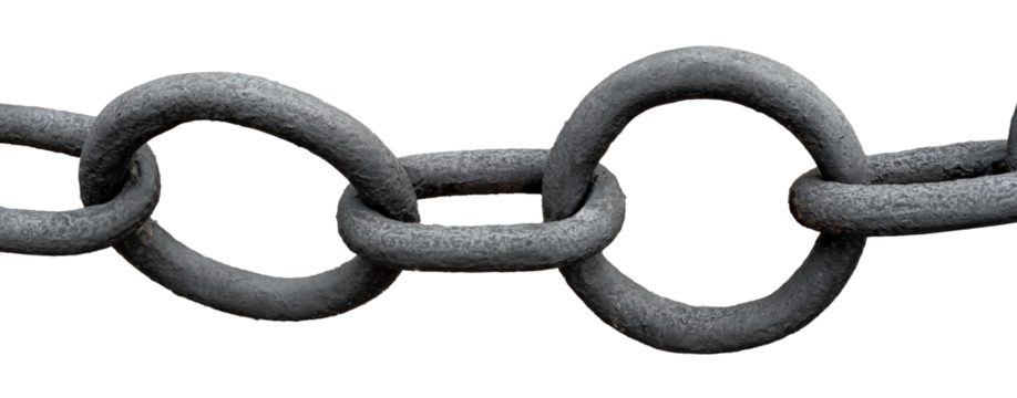 Long black metal chain on a white background. Chain links close up