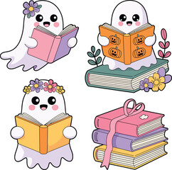 Cute ghosts reading books and stacks of books halloween