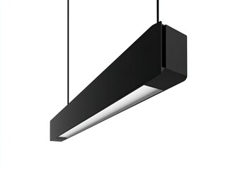 Long, rectangular, black pendant light.  A sleek, modern, linear fixture hangs from cords.  A subtle light source is visible within