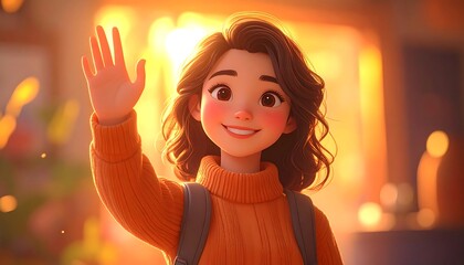 An animated, smiling young person with dark hair waves hello, illuminated by warm, soft sunlight. She wears an orange sweater and carries a backpack