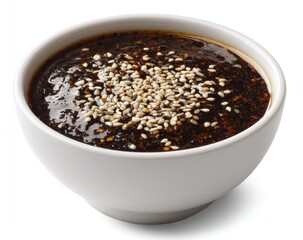 Deeply colored, savory sauce in a white bowl