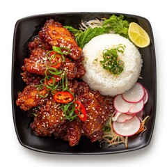 Square plate of glazed chicken wings over rice with slaw