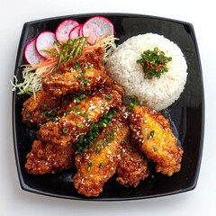 Crispy fried chicken wings with a sweet and savory glaze, served with a mound of white rice and radish slices