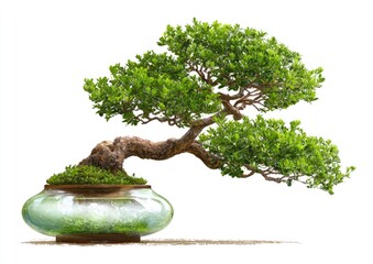 Bonsai tree in shallow, glazed pot against white