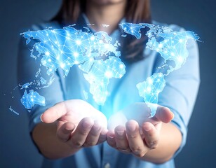 Person holding illuminated digital map of the world