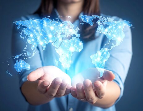 Person holding illuminated digital map of the world