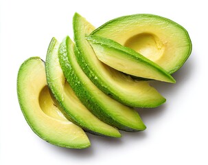 Slices of avocado arranged on white background