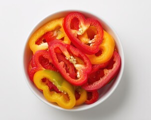Slices of colorful bell peppers in a white bowl