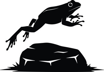 Vector silhouette frog jumping from rock illustration