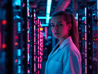 Neon cyberpunk lab, quantum computing, female scientist, server room, focus, futuristic mood