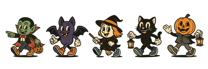Fototapeta na wymiar Cute retro Halloween cartoon characters walking together, vintage mascot illustration with vampire, bat, witch, cat and pumpkin Fototapeta na wymiar Cute retro Halloween cartoon characters walking together, vintage mascot illustration with vampire, bat, witch, cat and pumpkin