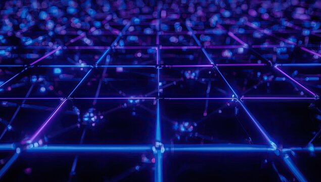 Intricate geometric pattern formed by glowing neon lines, arranged in a grid-like structure, showcasing vibrant blue and purple colors against a dark background, creating a modern, abstract, and... - Powered by Adobe