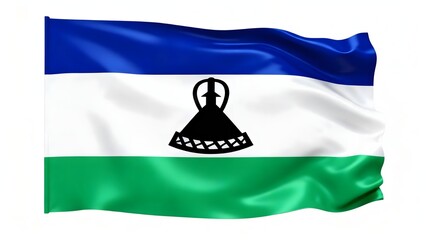 Photorealistic image of the flag of Lesotho with blue, white, and green stripes, and a black Basotho shield. Isolated on a white background.