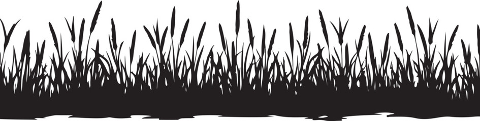 Black silhouette of tall grass and reeds against white