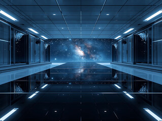 Futuristic data center corridor with galaxy view, reflective metal floor, serene awe