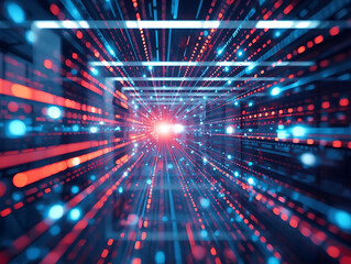 Futuristic data stream corridor, glowing neon lines, digital tunnel, high speed motion, immersive