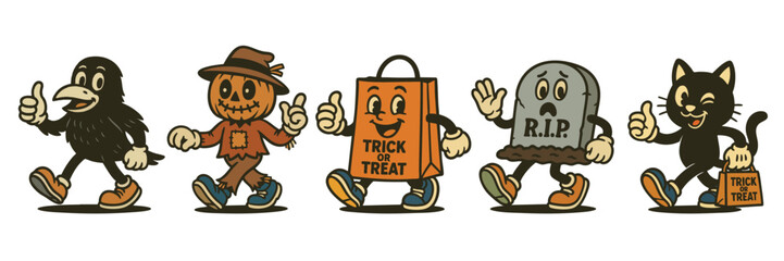 Cute retro Halloween cartoon characters walking together, vintage mascot illustration with crow, scarecrow, grave, cat