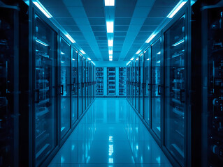 Fototapeta premium Blue server corridor, data center hallway, glass racks, neon lights create futuristic calm