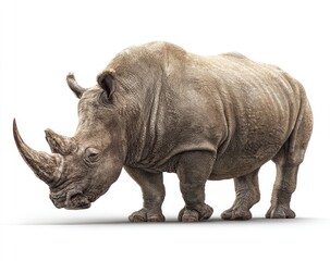 Obraz premium Full shot of a large, light gray rhino, facing slightly left. It's isolated against a pure white background. The rhino's skin texture is visible