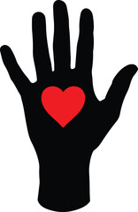 Obraz premium Black silhouette of an open hand with a bright red heart symbol on its palm, Generative Ai 