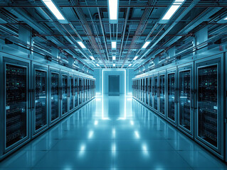 Futuristic data center corridor with blue neon glow, server rack symmetry calm