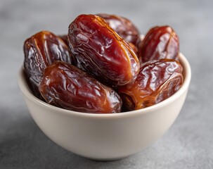 A small, white bowl filled with dried dates