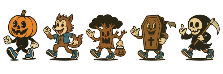 Fototapeta na wymiar Cute retro Halloween cartoon characters walking together, vintage mascot illustration with pumpkin, werewolf and grim reaper Fototapeta na wymiar Cute retro Halloween cartoon characters walking together, vintage mascot illustration with pumpkin, werewolf and grim reaper