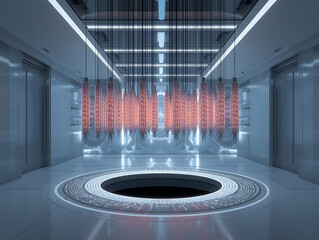 Futuristic lab, quantum computing, neon glow, black hole, surreal mood in sleek corridor