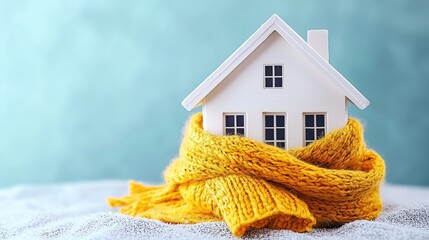 Miniature house wrapped in a warm yellow scarf on a blue background, symbolizing rising electricity prices, higher heating bills, and growing household energy costs.