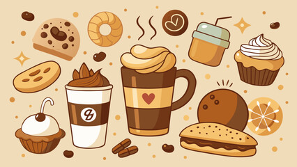 Assorted coffee and bakery items in cartoon style art