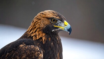 Close-up side profile of a majestic golden eagle, showcasing intricate feather detail and piercing gaze in a snowy, wintery environment