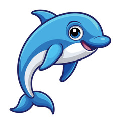 Cartoon illustration of a smiling blue dolphin with a white belly