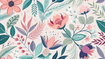 Floral pattern with pink flowers and teal green leaves