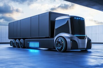 Futuristic electric truck with sleek design on a modern urban backdrop at dusk