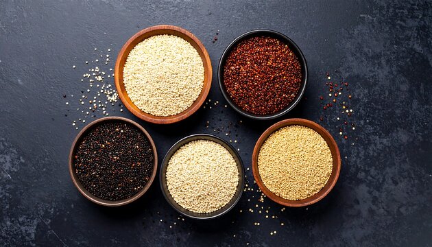 Five bowls of various grains on dark stone - Powered by Adobe