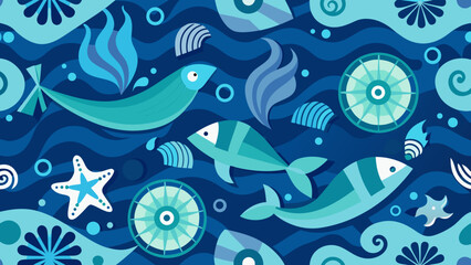 Stylized ocean scene with fish and nautical elements
