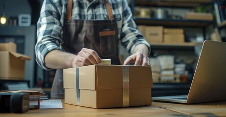 Person with laptop organizing orders in warehouse with cardboard boxes, representing e-commerce efficiency, delivery system, and digital trade.