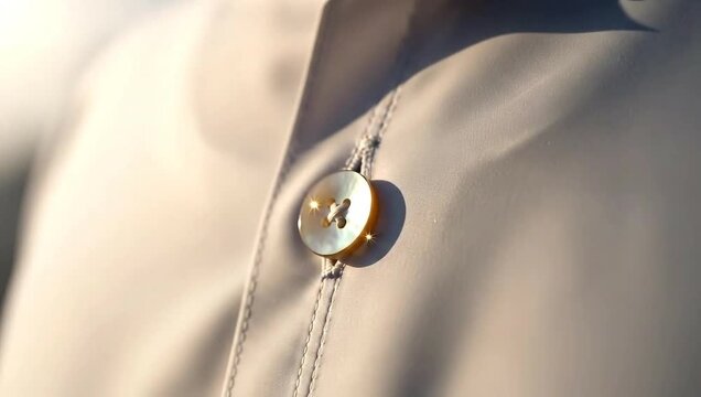 Close-up of a button on light-colored fabric, focusing on intricate detail and texture