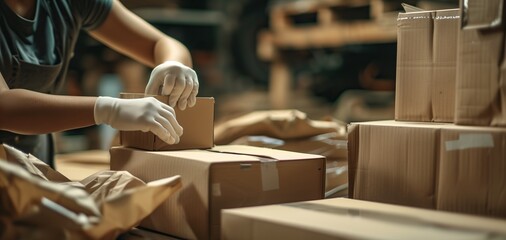 Close-up of a woman’s gloved hands assembling and sealing cardboard boxes on a messy table, preparing goods for delivery in a warehouse.